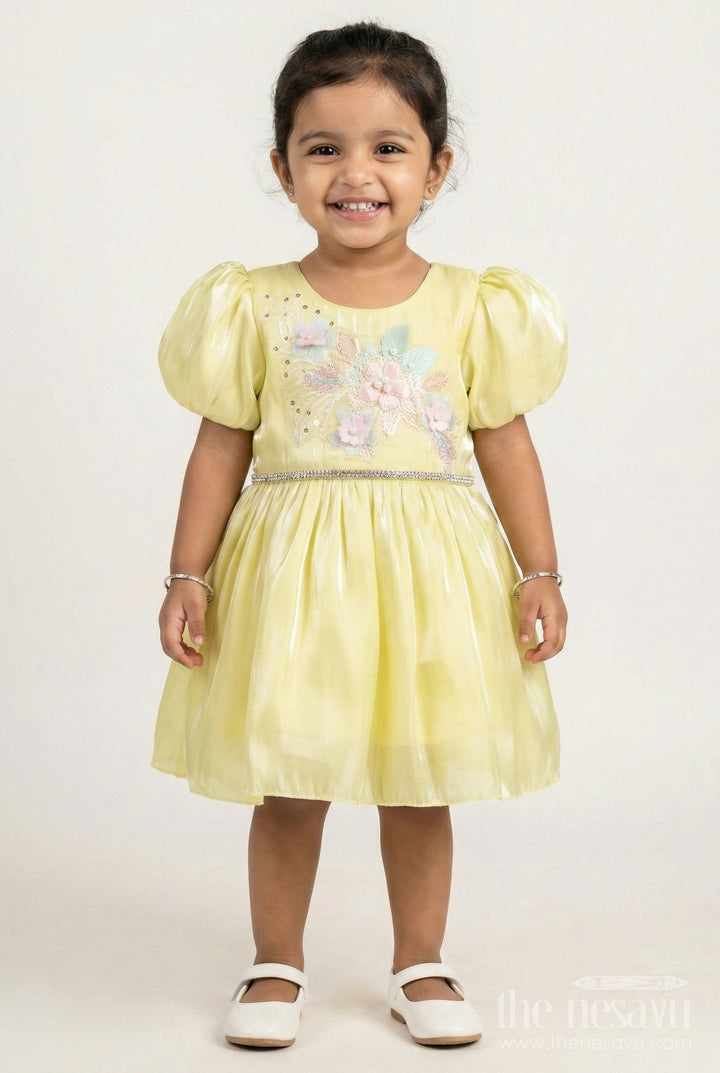 The Nesavu Baby Fancy Frock Party Frock for Baby Girls with Embroidery and Puff Sleeves Nesavu 14 (6M) / Yellow BFJ836A-14 Nesavu Yellow Satin Organza Embroidered Party Frock Baby Girls Floral Embellishments Puff Sleeves
