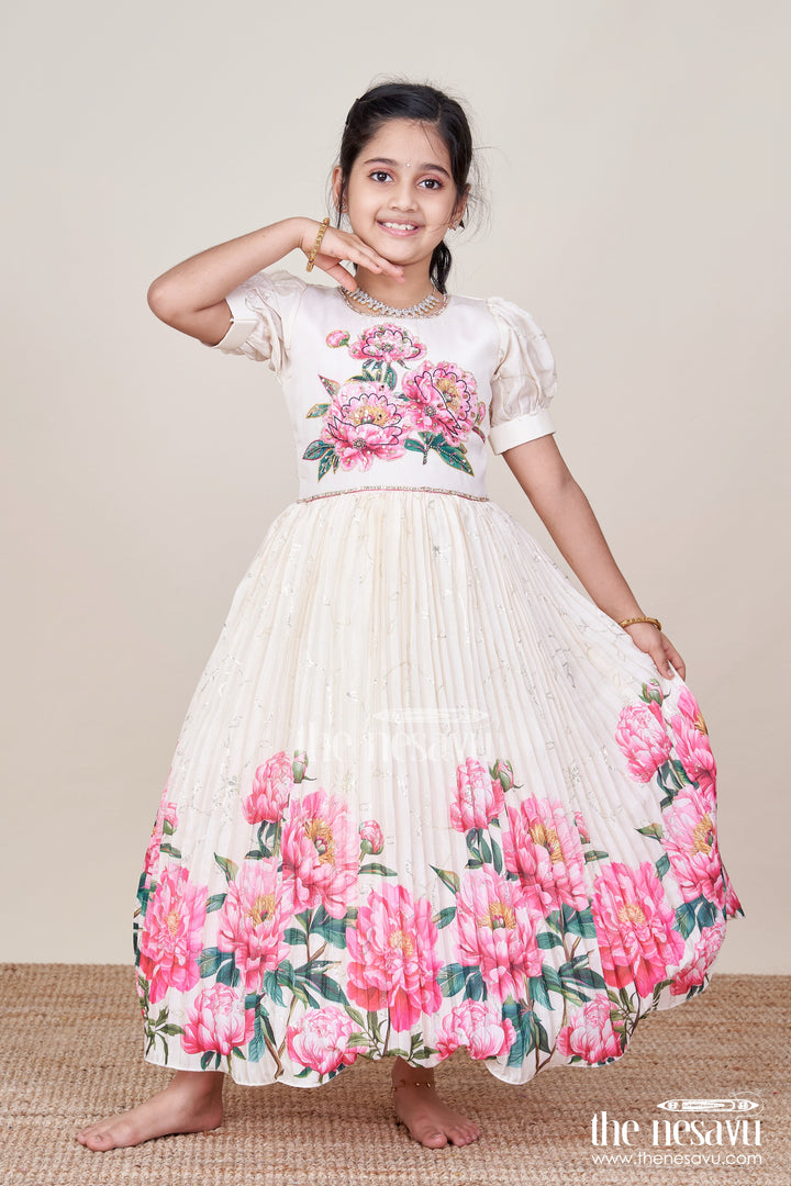 The Nesavu Girls Party Gown Party Gown for Girls with Floral Print and Puff Sleeves for Birthdays and Events Nesavu Nesavu girls floral chinon party gown puff sleeves digital print birthdays