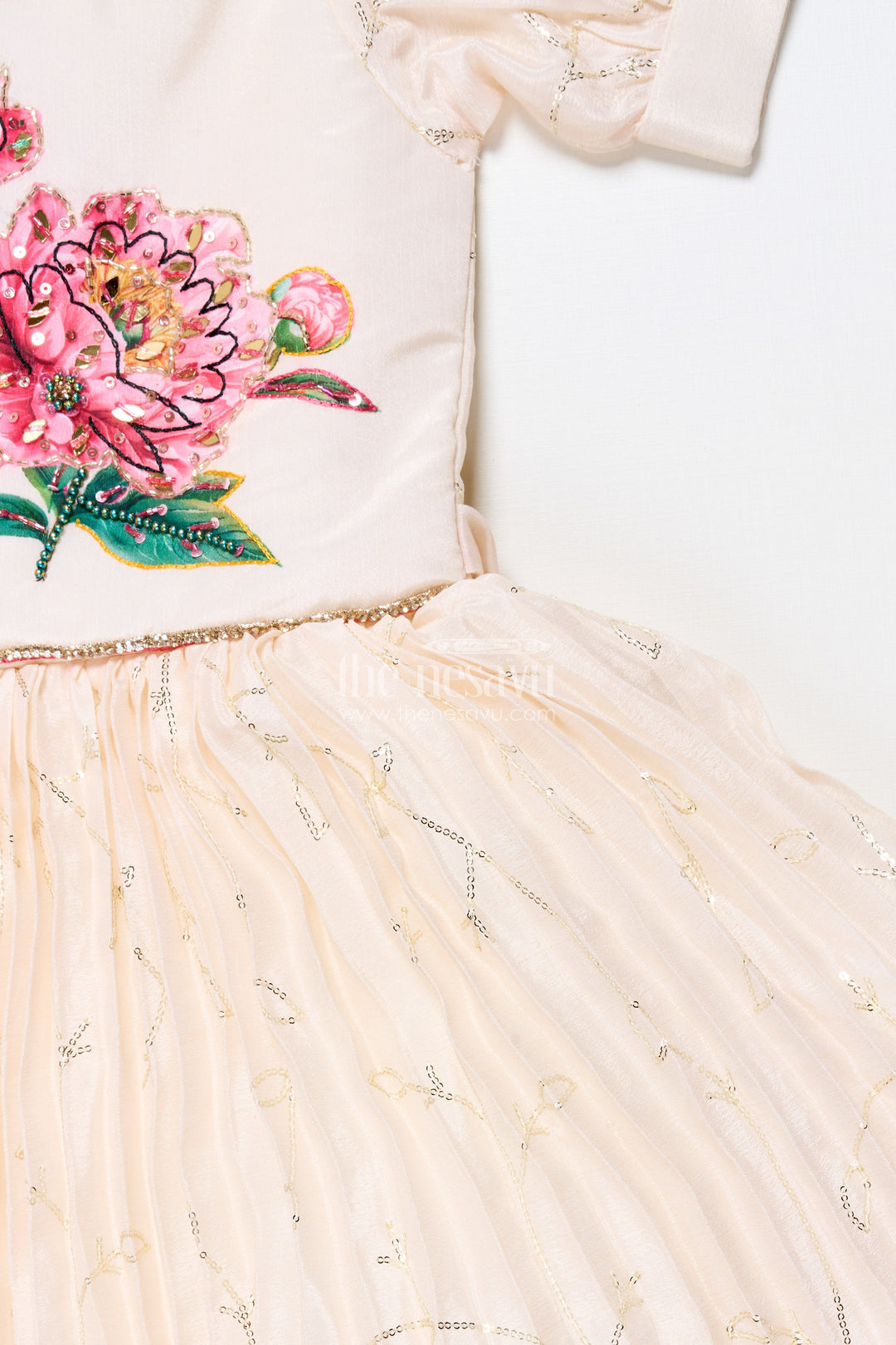 The Nesavu Girls Party Gown Party Gown for Girls with Floral Print and Puff Sleeves for Birthdays and Events Nesavu Nesavu girls floral chinon party gown puff sleeves digital print birthdays