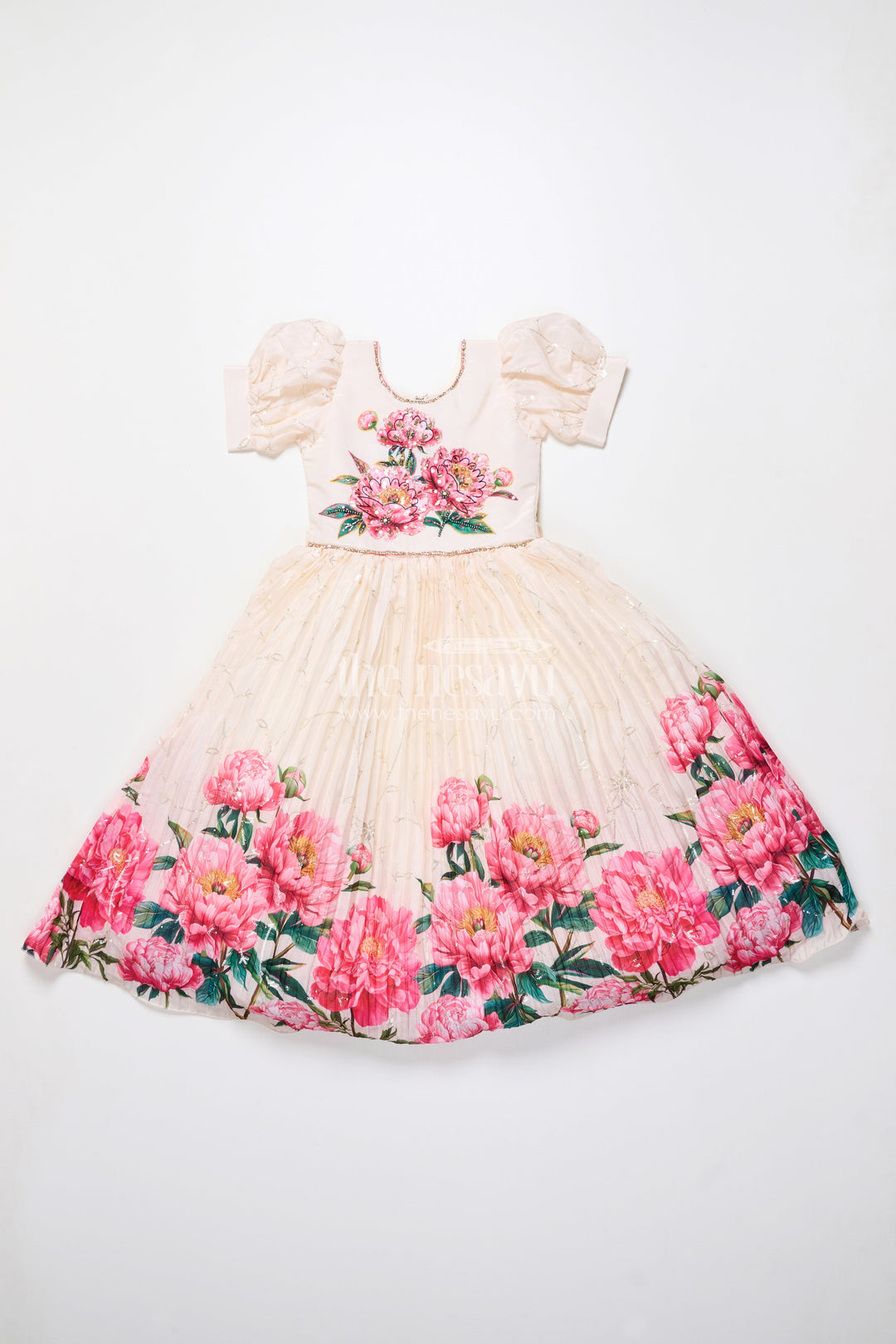 The Nesavu Girls Party Gown Party Gown for Girls with Floral Print and Puff Sleeves for Birthdays and Events Nesavu Nesavu girls floral chinon party gown puff sleeves digital print birthdays