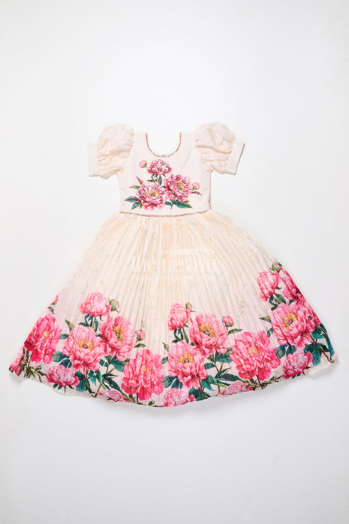 The Nesavu Girls Party Gown Party Gown for Girls with Floral Print and Puff Sleeves for Birthdays and Events Nesavu Nesavu girls floral chinon party gown puff sleeves digital print birthdays