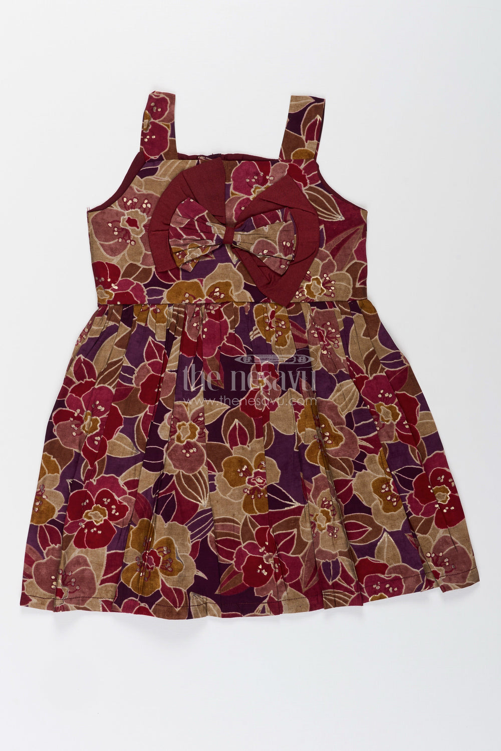 The Nesavu Girls Cotton Frock Party Wear Frock for Toddler Girls with Bold Floral Print and Bow Detail Nesavu 18 (2Y) / Multi-Color GFC1974A-18 Nesavu toddler girl party wear frock modal silk floral print bow detail