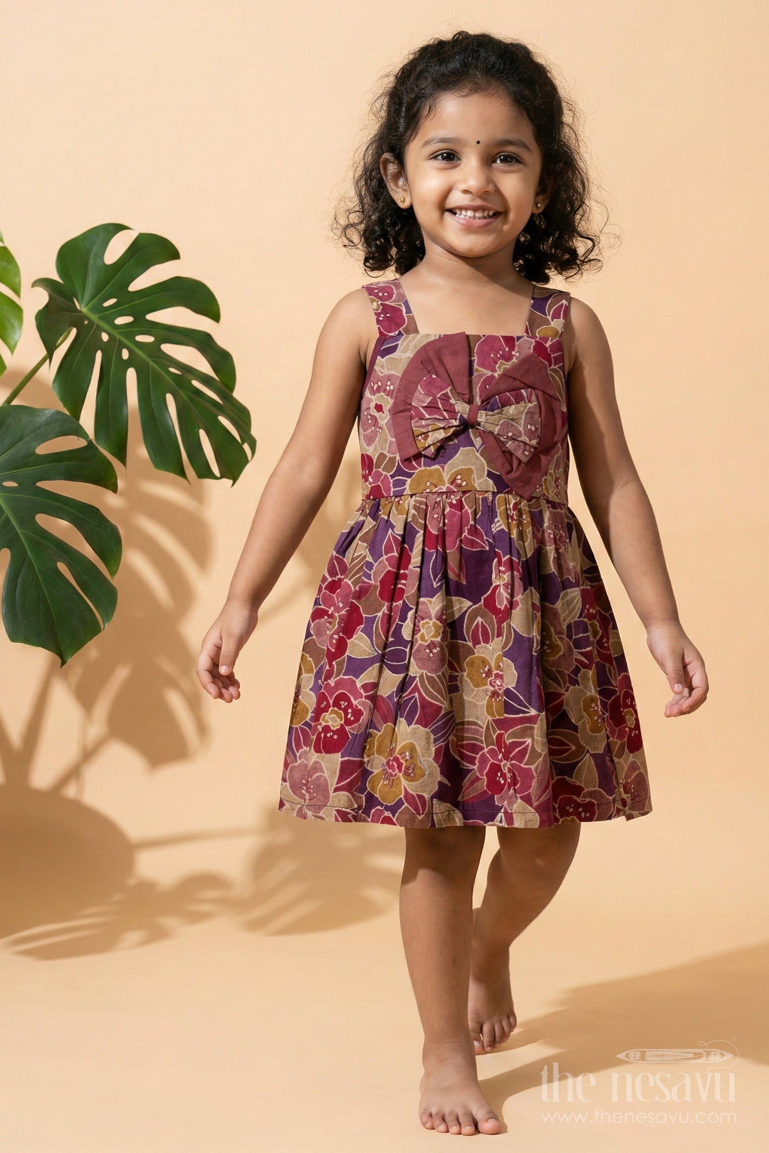 The Nesavu Girls Cotton Frock Party Wear Frock for Toddler Girls with Bold Floral Print and Bow Detail Nesavu Nesavu toddler girl party wear frock modal silk floral print bow detail