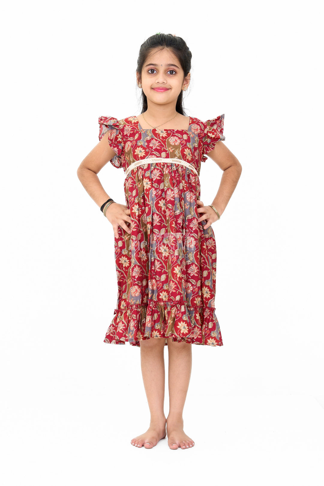 The Nesavu Girls Cotton Frock Party Wear Gown for Girls in Red Floral Print with Ruffled Hem Nesavu 16 (1Y) / Red GFC1589A-16 Nesavu Red Floral Party Wear Gown Girls Ruffled Hem Lace Details