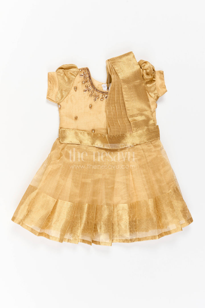 The Nesavu Silk Party Frock Party Wear Silk Frock in Gold with an Occasion Ready Finish Nesavu 18 (2Y) / Gold / Silk Blend SF1220C-18 Nesavu Party Wear Silk Frock With Statement Border For Weddings SF1220C-18