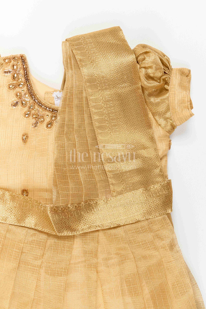 The Nesavu Silk Party Frock Party Wear Silk Frock in Gold with an Occasion Ready Finish Nesavu Nesavu Party Wear Silk Frock With Statement Border For Weddings