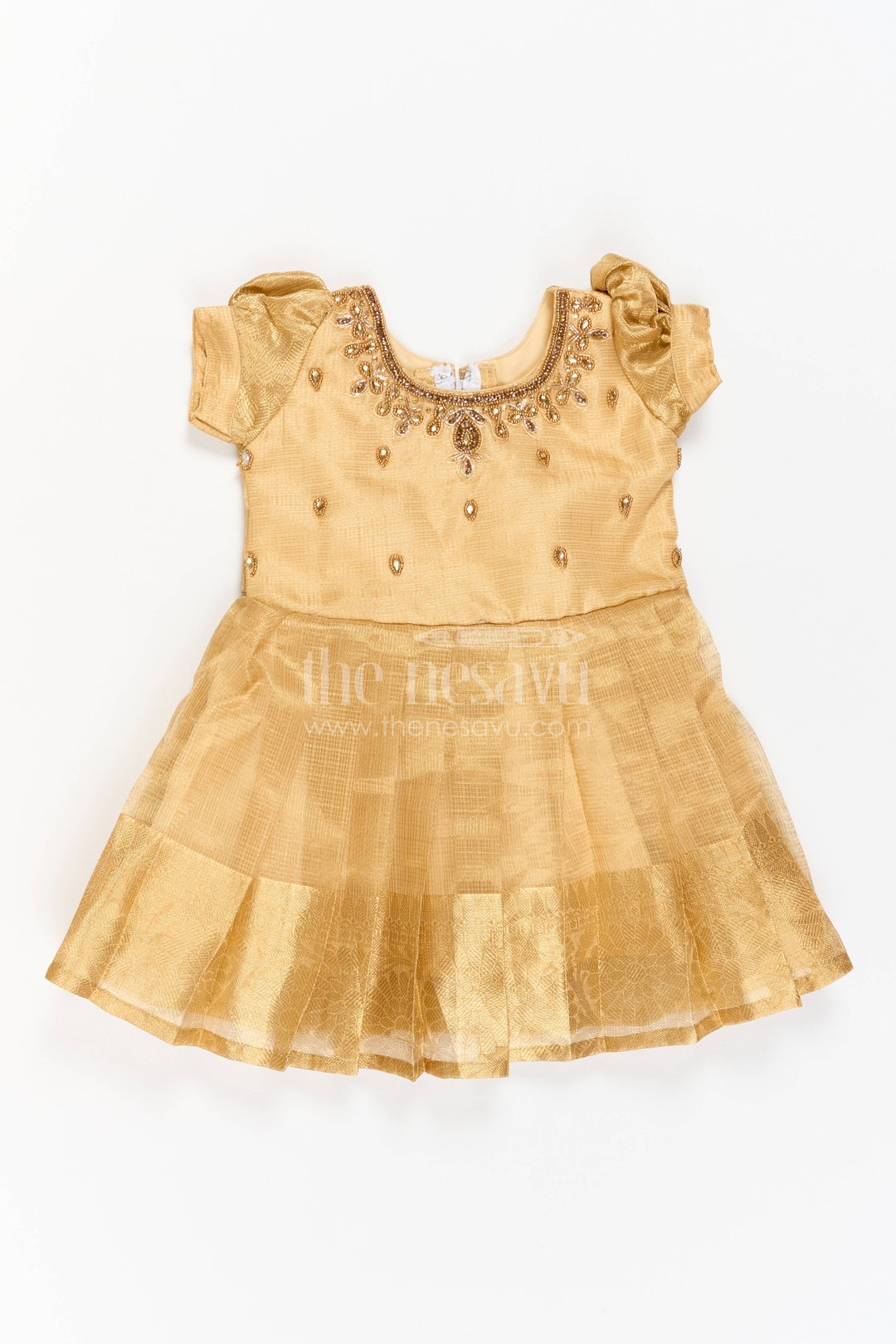The Nesavu Silk Party Frock Party Wear Silk Frock in Gold with an Occasion Ready Finish Nesavu Nesavu Party Wear Silk Frock With Statement Border For Weddings