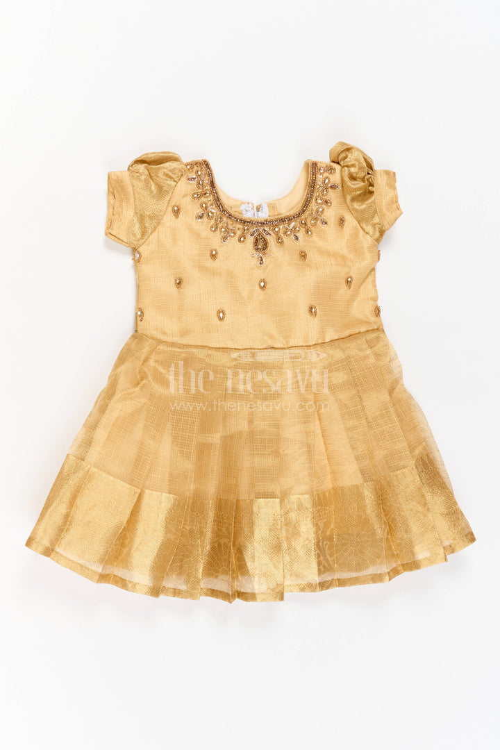 The Nesavu Silk Party Frock Party Wear Silk Frock in Gold with an Occasion Ready Finish Nesavu Nesavu Party Wear Silk Frock With Statement Border For Weddings