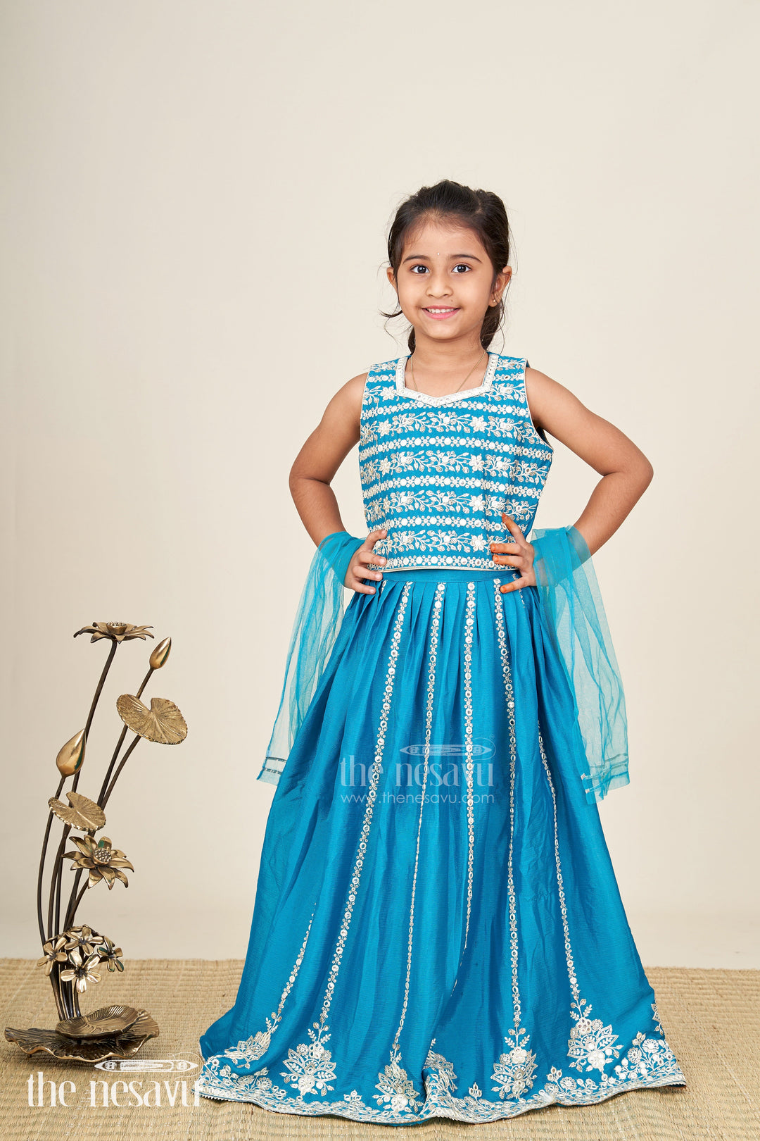 The Nesavu Girls Lehenga Choli Partywear Lehenga For Girls Embroidered Blouse Set Nesavu 16 (1Y) / Blue GL667A-16 Nesavu Teal Party Lehenga Girls Embroidered Blouse Chinon Silk Flared Skirt