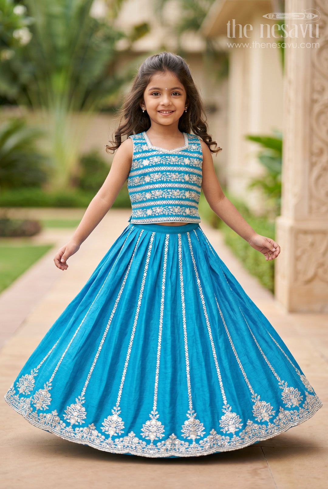 The Nesavu Girls Lehenga Choli Partywear Lehenga for Girls Embroidered Blouse Set Nesavu 16 (1Y) / Blue GL667A-16 Nesavu Teal Party Lehenga Girls Embroidered Blouse Chinon Silk Flared Skirt