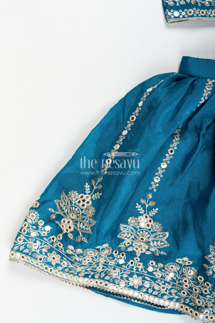 The Nesavu Girls Lehenga Choli Partywear Lehenga for Girls Embroidered Blouse Set Nesavu Nesavu Teal Party Lehenga Girls Embroidered Blouse Chinon Silk Flared Skirt