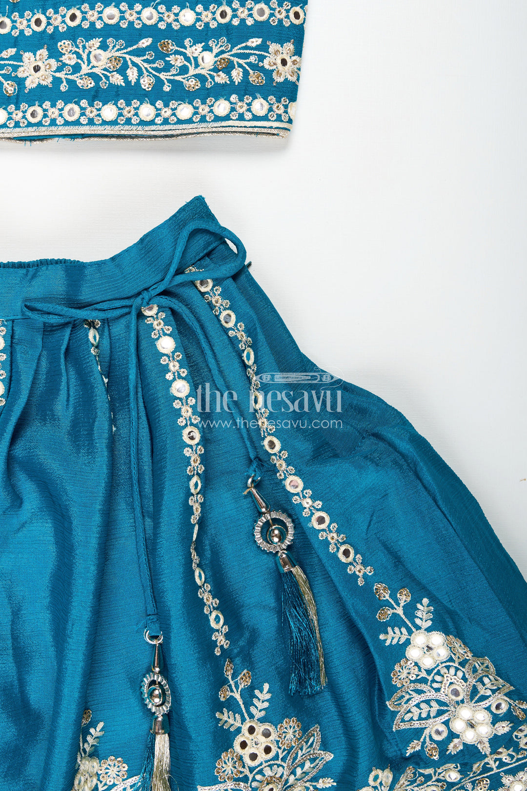 The Nesavu Girls Lehenga Choli Partywear Lehenga for Girls Embroidered Blouse Set Nesavu Nesavu Teal Party Lehenga Girls Embroidered Blouse Chinon Silk Flared Skirt