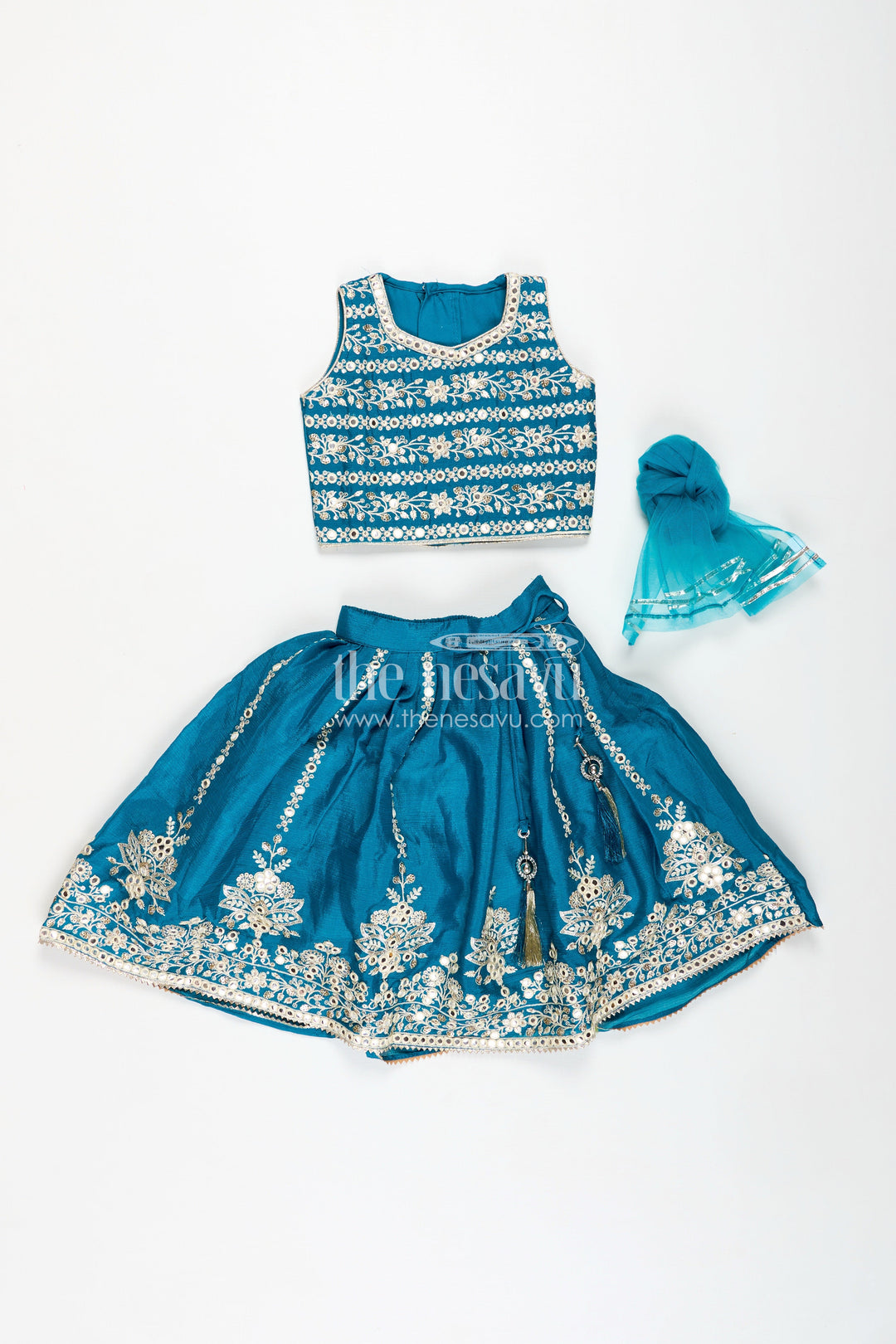 The Nesavu Girls Lehenga Choli Partywear Lehenga for Girls Embroidered Blouse Set Nesavu Nesavu Teal Party Lehenga Girls Embroidered Blouse Chinon Silk Flared Skirt
