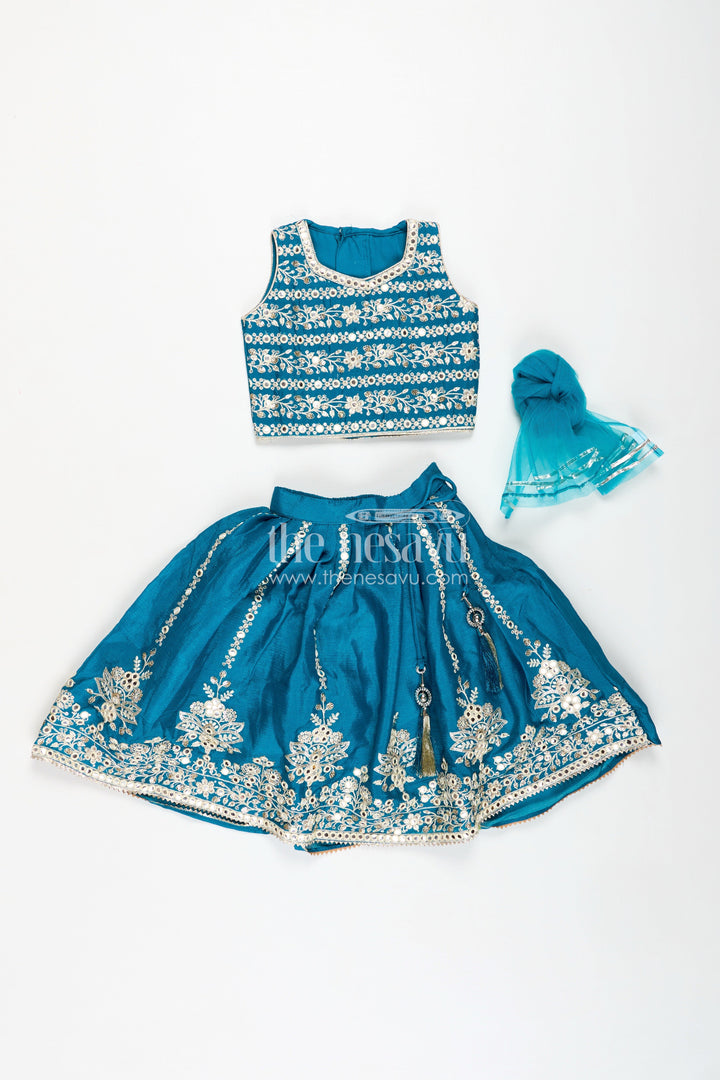 The Nesavu Girls Lehenga Choli Partywear Lehenga for Girls Embroidered Blouse Set Nesavu Nesavu Teal Party Lehenga Girls Embroidered Blouse Chinon Silk Flared Skirt