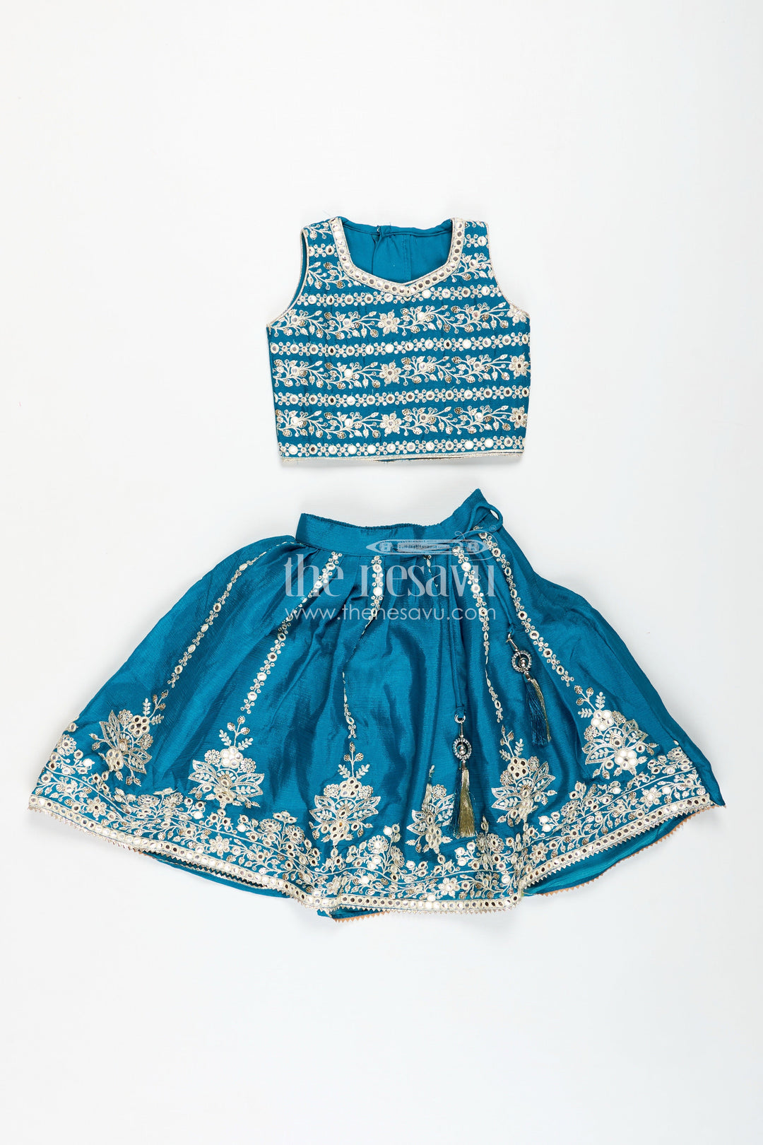 The Nesavu Girls Lehenga Choli Partywear Lehenga for Girls Embroidered Blouse Set Nesavu Nesavu Teal Party Lehenga Girls Embroidered Blouse Chinon Silk Flared Skirt