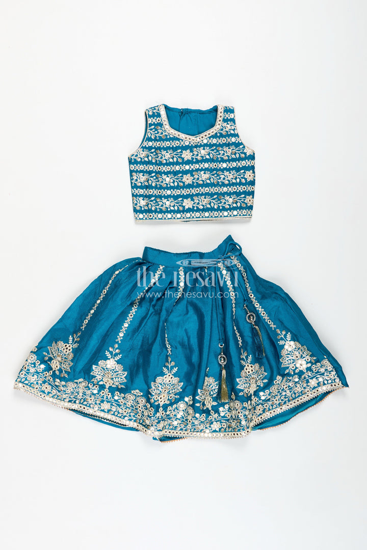 The Nesavu Girls Lehenga Choli Partywear Lehenga for Girls Embroidered Blouse Set Nesavu Nesavu Teal Party Lehenga Girls Embroidered Blouse Chinon Silk Flared Skirt