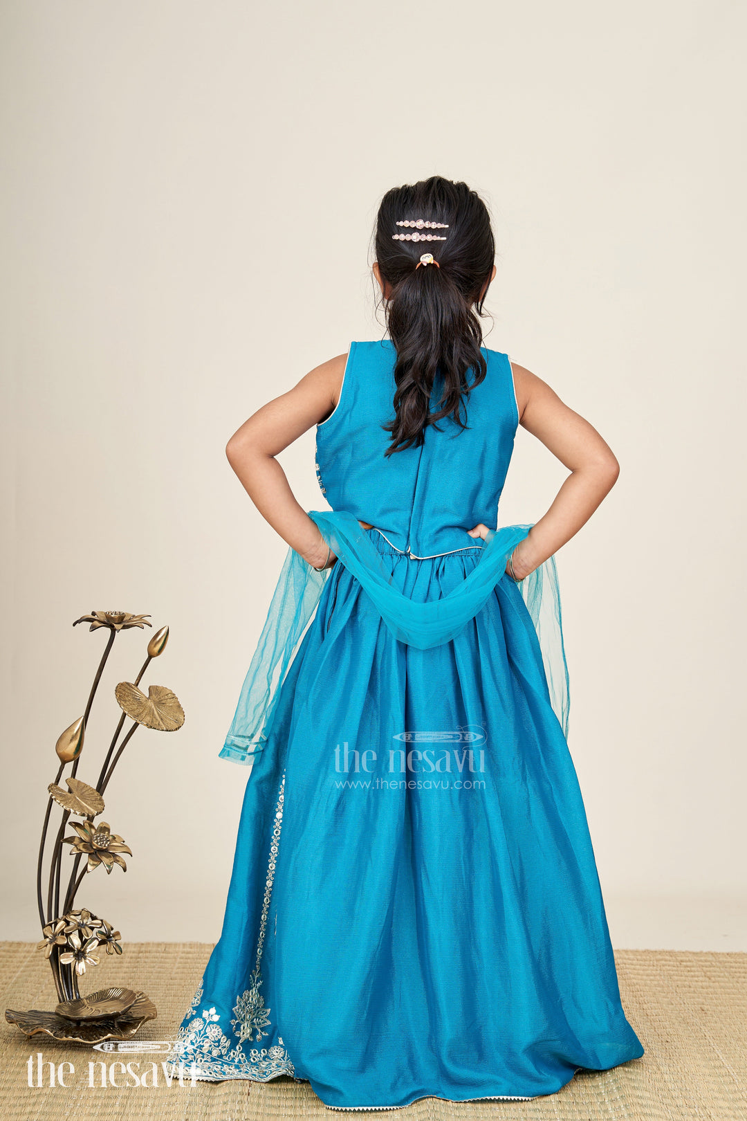 The Nesavu Girls Lehenga Choli Partywear Lehenga For Girls Embroidered Blouse Set Nesavu Nesavu Teal Party Lehenga Girls Embroidered Blouse Chinon Silk Flared Skirt