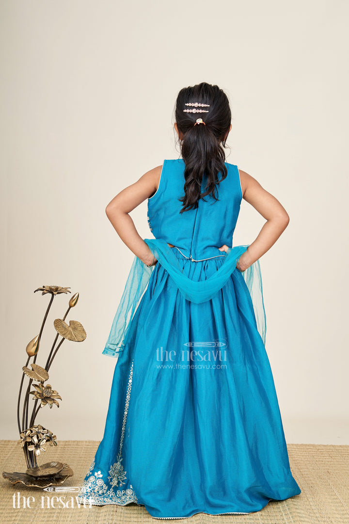 The Nesavu Girls Lehenga Choli Partywear Lehenga For Girls Embroidered Blouse Set Nesavu Nesavu Teal Party Lehenga Girls Embroidered Blouse Chinon Silk Flared Skirt