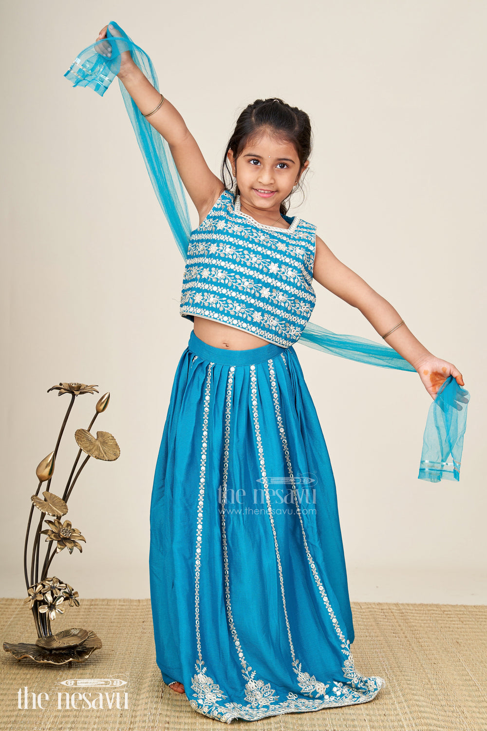The Nesavu Girls Lehenga Choli Partywear Lehenga For Girls Embroidered Blouse Set Nesavu Nesavu Teal Party Lehenga Girls Embroidered Blouse Chinon Silk Flared Skirt