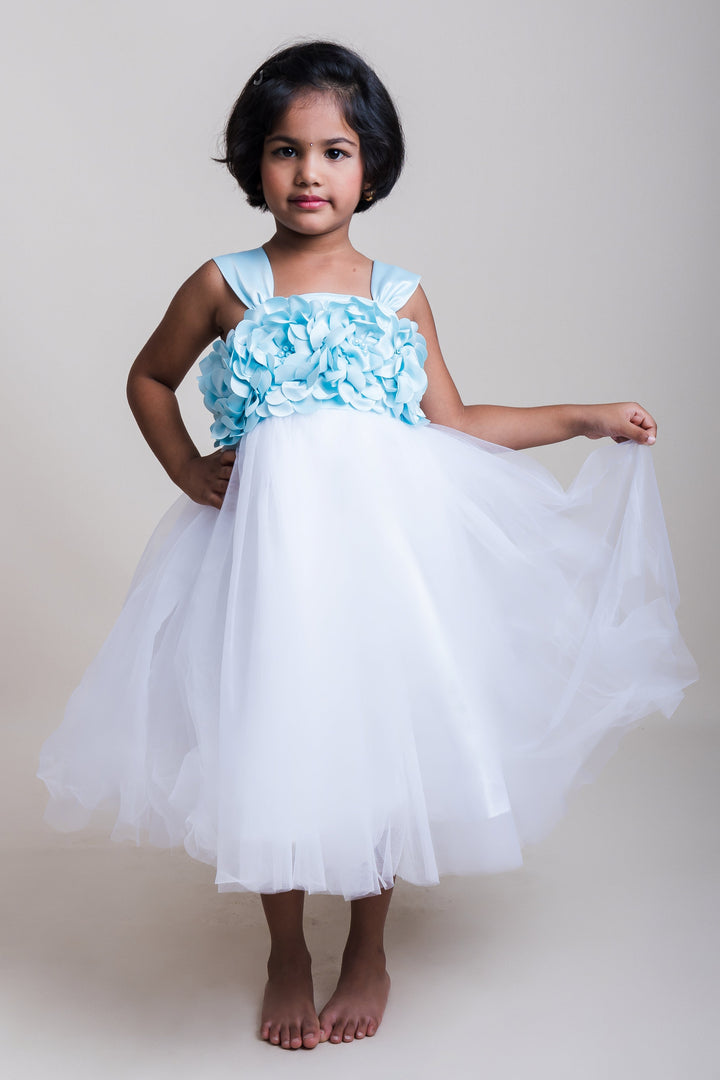 The Nesavu Girls Tutu Frock Pastel Blue Floral Yoke With Soft White Net Party Frock for Birthdays Party Nesavu 16 (1Y) / White PF96C-16