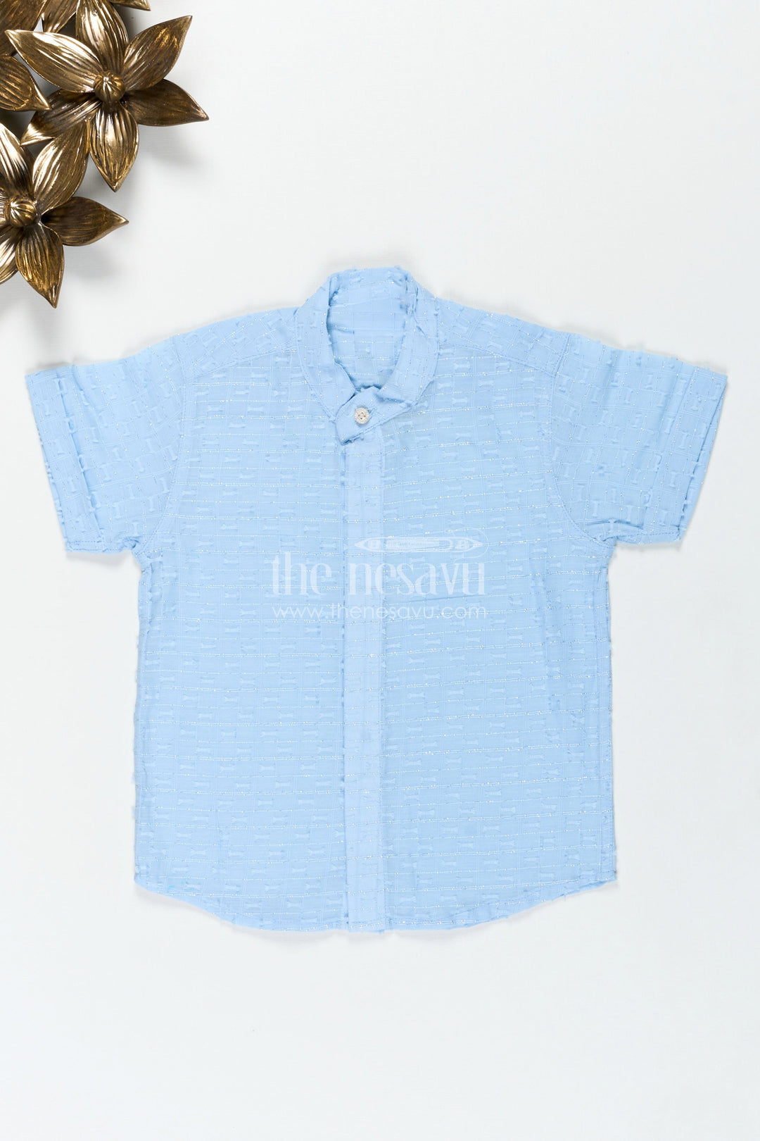 The Nesavu Boys Cotton Shirt Pastel Blue Shirt for Kids in Designer Georgette with Subtle Textured Weave and Mandarin Collar Nesavu 16 (1Y) / Blue BS292A-16 Nesavu Pastel Blue Shirt Kids Lightweight Designer Georgette Elegant Textured Finish