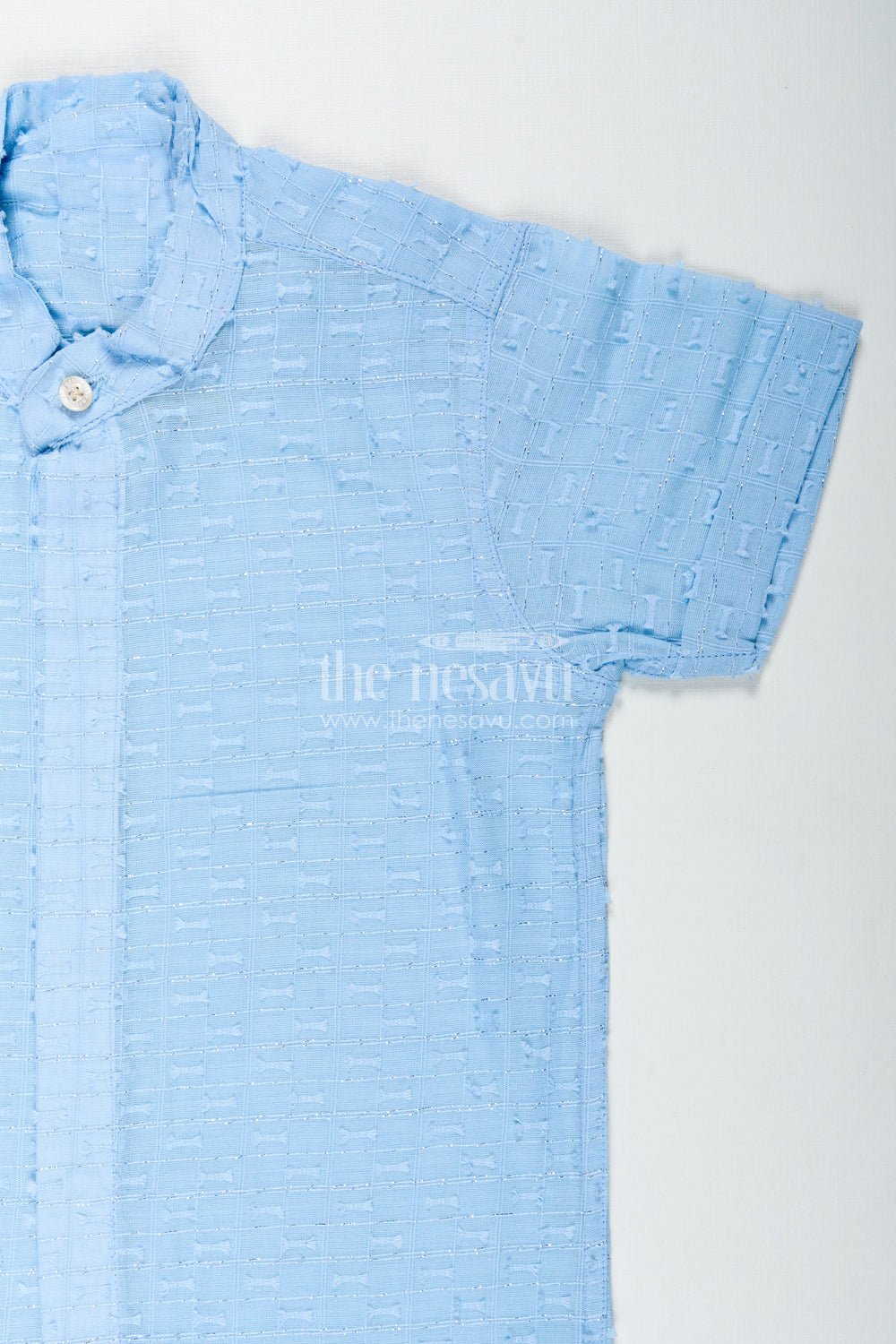 The Nesavu Boys Cotton Shirt Pastel Blue Shirt for Kids in Designer Georgette with Subtle Textured Weave and Mandarin Collar Nesavu Nesavu Pastel Blue Shirt Kids Lightweight Designer Georgette Elegant Textured Finish