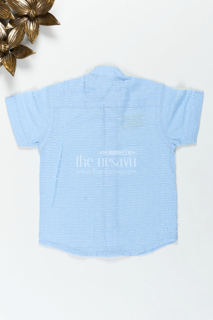 The Nesavu Boys Cotton Shirt Pastel Blue Shirt for Kids in Designer Georgette with Subtle Textured Weave and Mandarin Collar Nesavu Nesavu Pastel Blue Shirt Kids Lightweight Designer Georgette Elegant Textured Finish