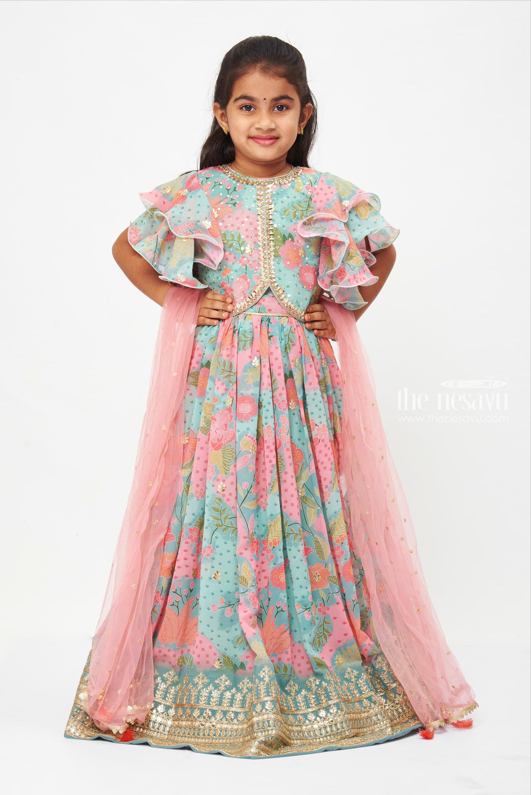 The Nesavu Girls Lehenga Choli Pastel Floral Lehenga Choli with Golden Border for Girls - Spring Festive Collection Nesavu 24 (5Y) / Green / Georgette GL400A-24 Girls Pastel Floral Lehenga Choli with Golden Hem | Perfect for Spring Festivities | The Nesavu