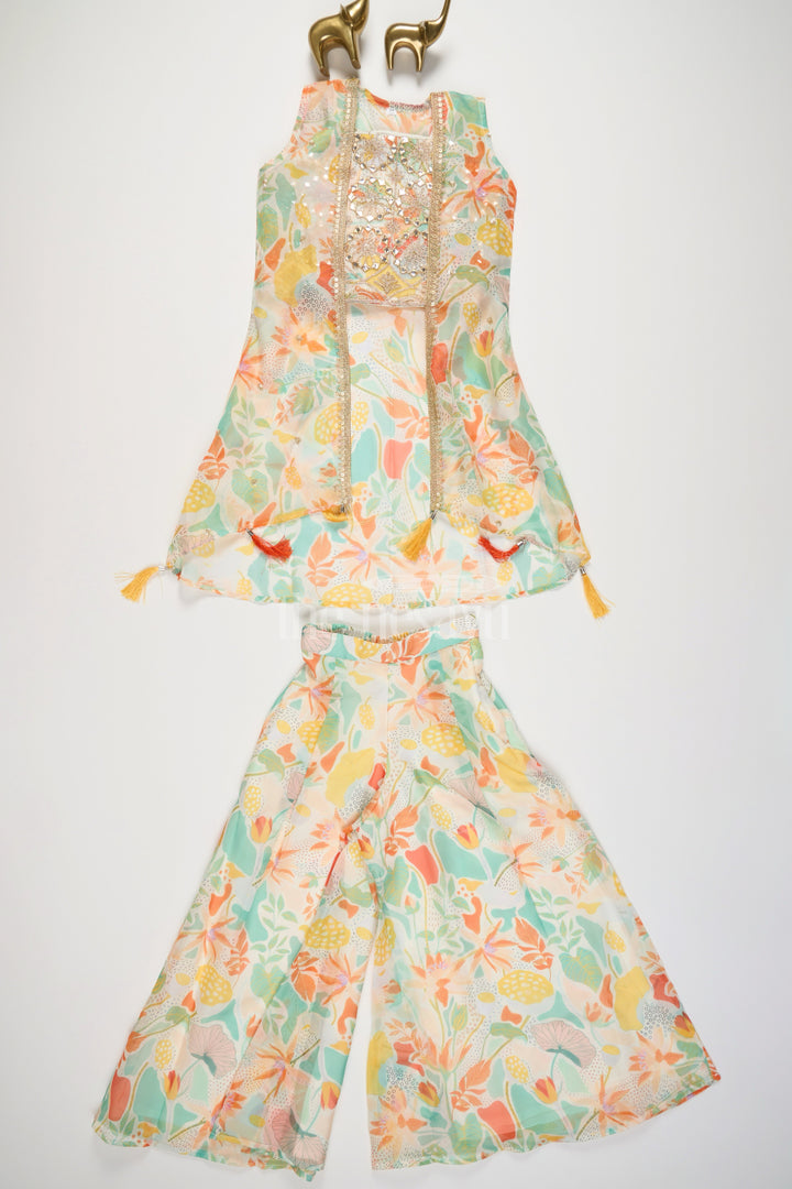 The Nesavu Girls Sharara / Plazo Set Pastel Girls Sharara Set with Floral Mirror-Work Crop Top and Matching Dupatta Nesavu 22 (4Y) / multicolor GPS430A-22 Nesavu Pastel Floral Sharara Set Girls Mirror-Work Crop Top Tassel Dupatta