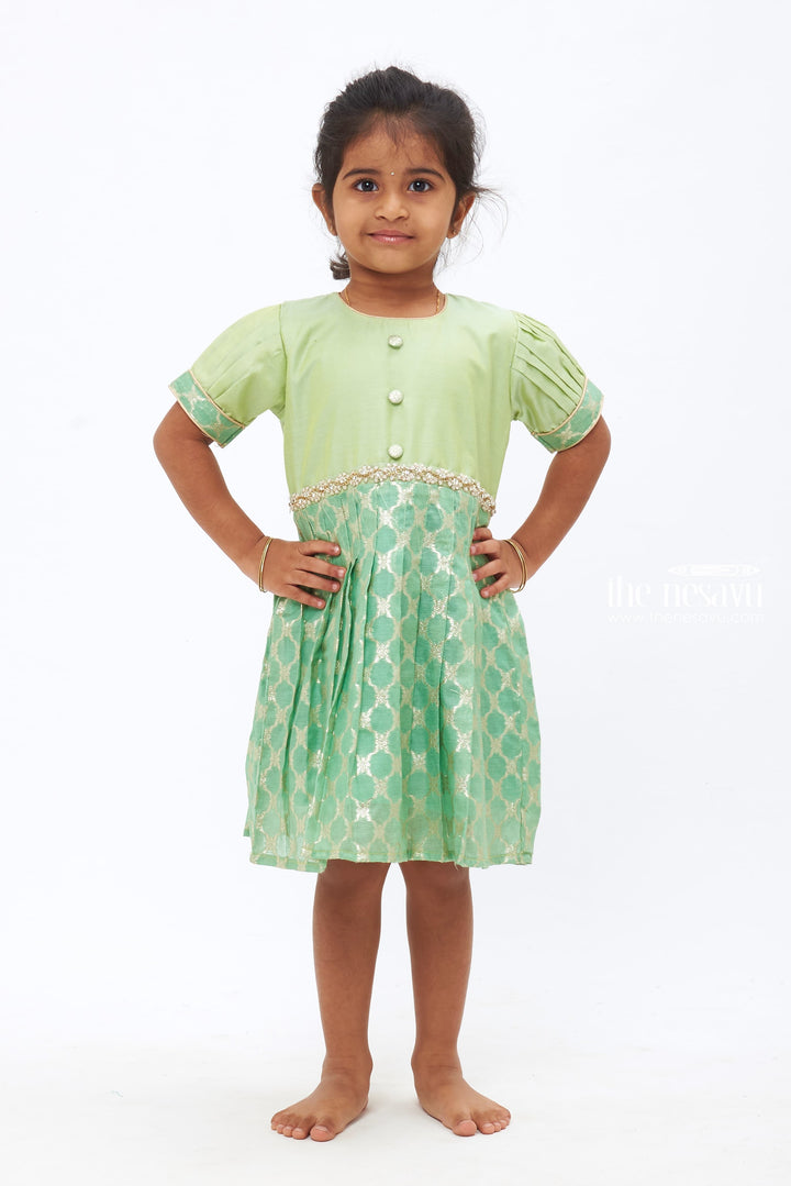 The Nesavu Silk Frock Pastel Green Elegance Dress with Stone & Bead Embellished Silk Frock for Girls Nesavu 16 (1Y) / Green / Chanderi SF716A-16 Luxury Silk Frock for Toddlers | Kids Elegant Party Attire | The Nesavu