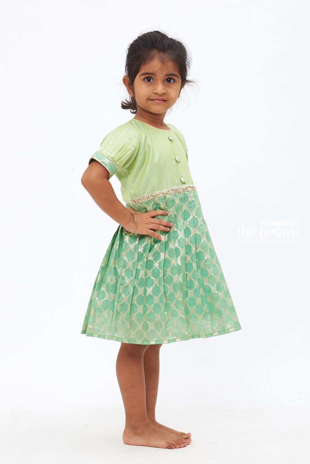 The Nesavu Silk Frock Pastel Green Elegance Dress with Stone & Bead Embellished Silk Frock for Girls Nesavu Luxury Silk Frock for Toddlers | Kids Elegant Party Attire | The Nesavu