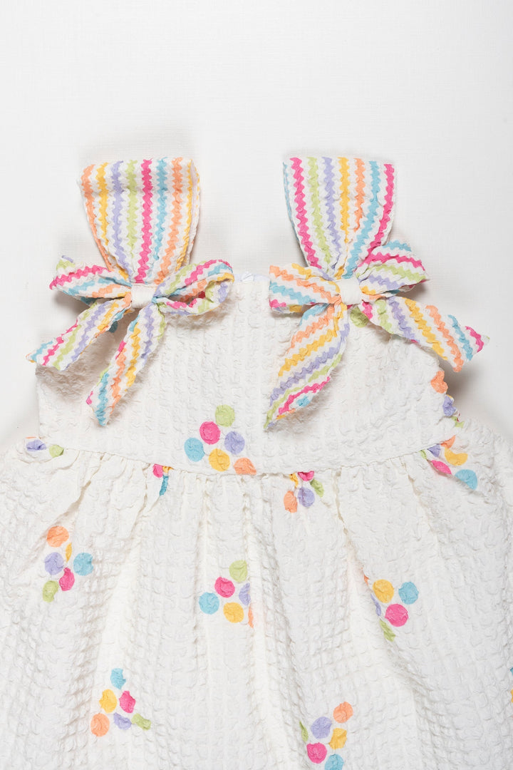 The Nesavu Baby Fancy Frock Pastel Party Dot Cotton Frock with Rainbow Accents for Little Girls Nesavu Adorable Polka Dot Summer Dress for Girls | Rainbow Bows & Comfort Fit | The Nesavu