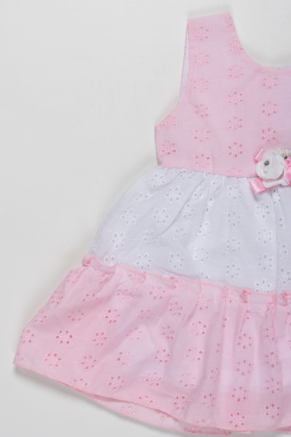The Nesavu Baby Cotton Frocks Pastel Perfection Eyelet Lace Baby Girl Frock - Pink & White Floral Accents Nesavu Charming Cotton Eyelet Baby Girls Summer Dress with Floral Waistband | The Nesavu