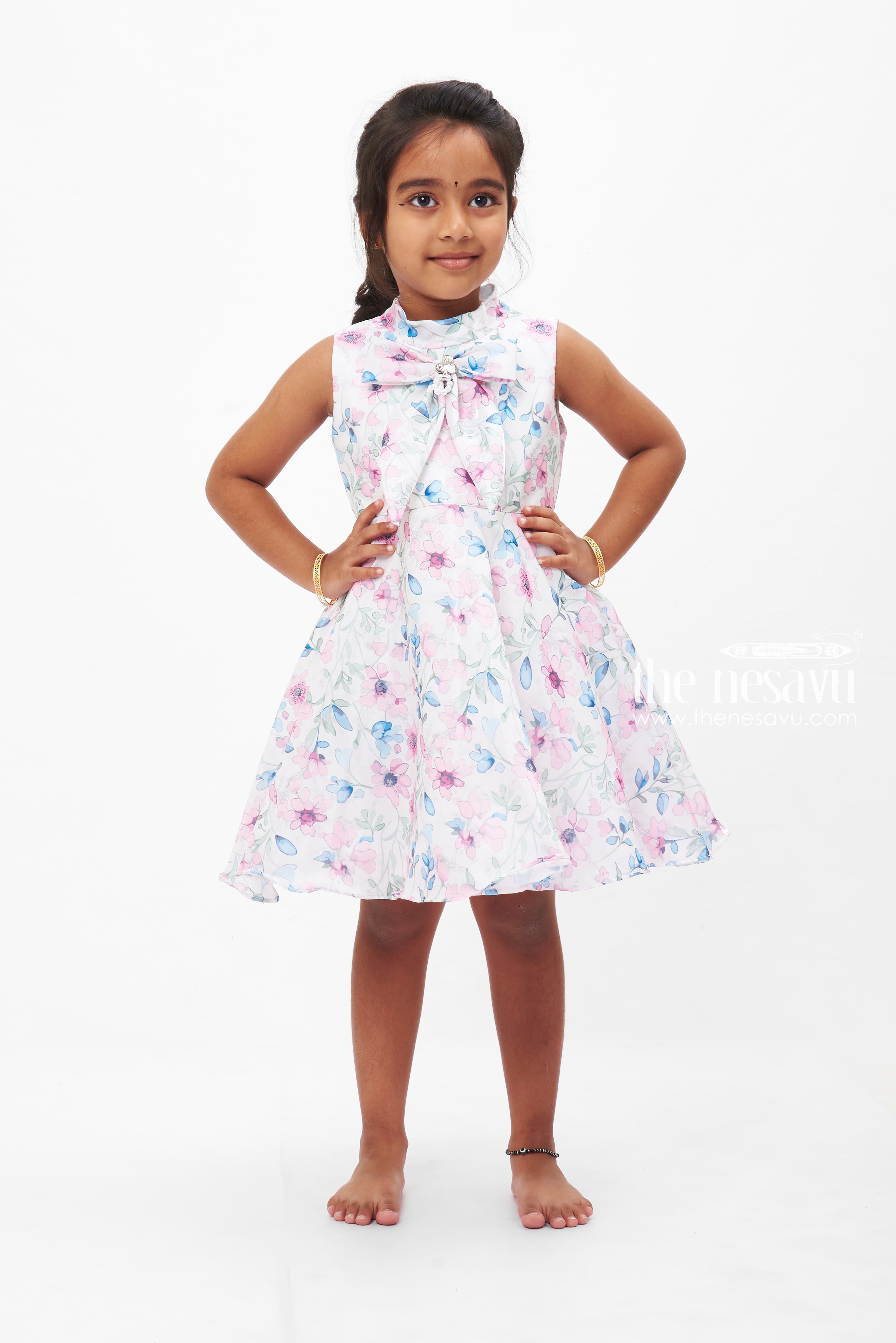 Casual Floral Dress for Girls Sleeveless Cream Floral Frock Kids Garden Party Wear The Nesavu The Nesavu
