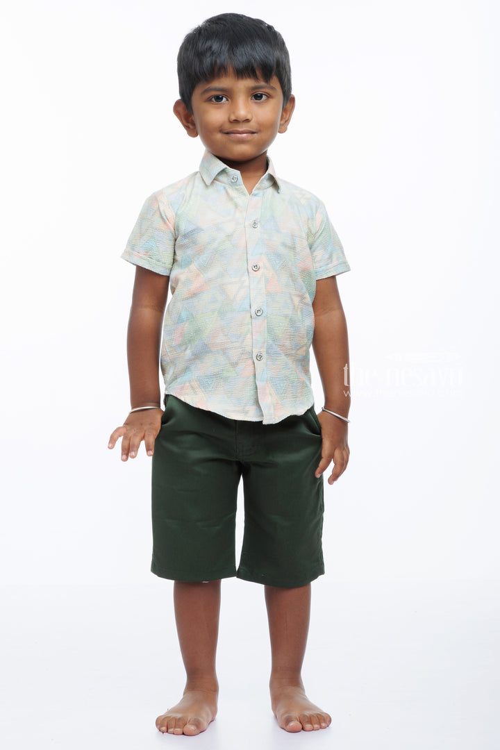 The Nesavu Boys Casual Set Pastel Prism Boys Casual Shirt and Shorts Ensemble Nesavu 16 (1Y) / Green / Popcorn Polysilk BCS014A-16 Shop Boys Pastel Geometric Shirt Sets | Casual Outfits for Boys Online | The Nesavu