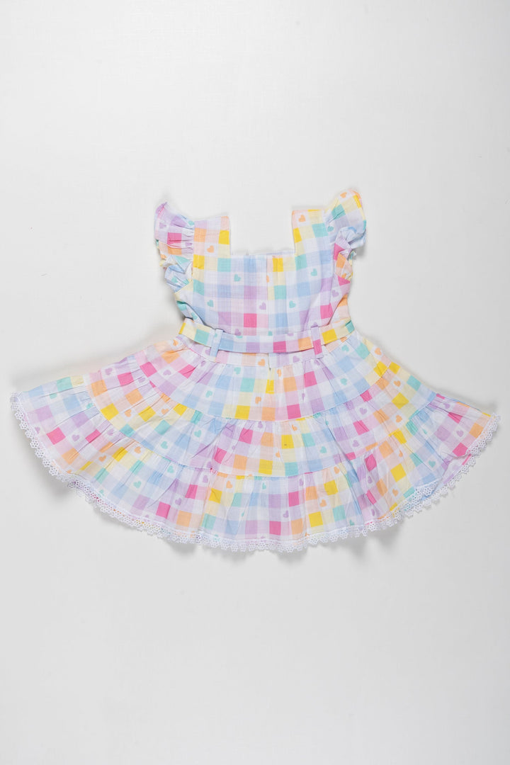 The Nesavu Girls Cotton Frock Pastel Rainbow Checkered Cotton Frock with Hearts for Girls Nesavu Colorful Heart Print Cotton Frock for Girls | Designer Daily Wear Dress | The Nesavu