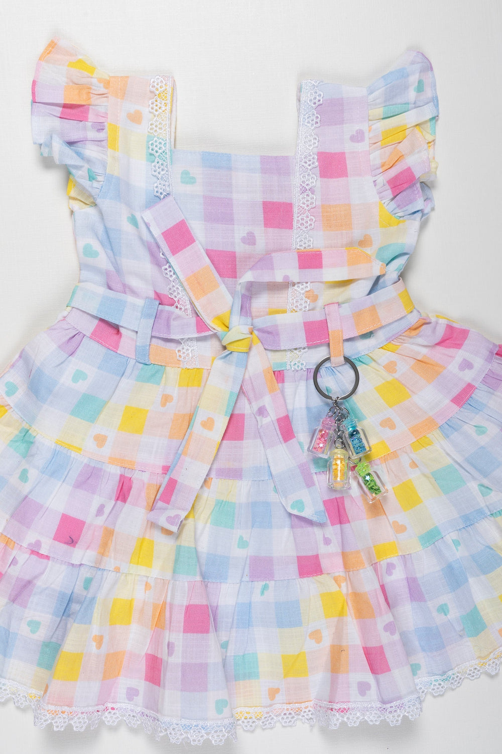 The Nesavu Girls Cotton Frock Pastel Rainbow Checkered Cotton Frock with Hearts for Girls Nesavu Colorful Heart Print Cotton Frock for Girls | Designer Daily Wear Dress | The Nesavu