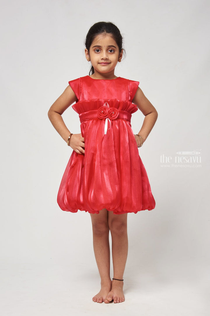 The Nesavu Girls Fancy Frock Pastel Shades A-line Silhouette Frock with Bow Accents and Sheer Overlay Nesavu 16 (1Y) / Red / Organza GFC1121B-16 Knee-length Pageant Dress For Girls - Photoshoot Ready | The Nesavu