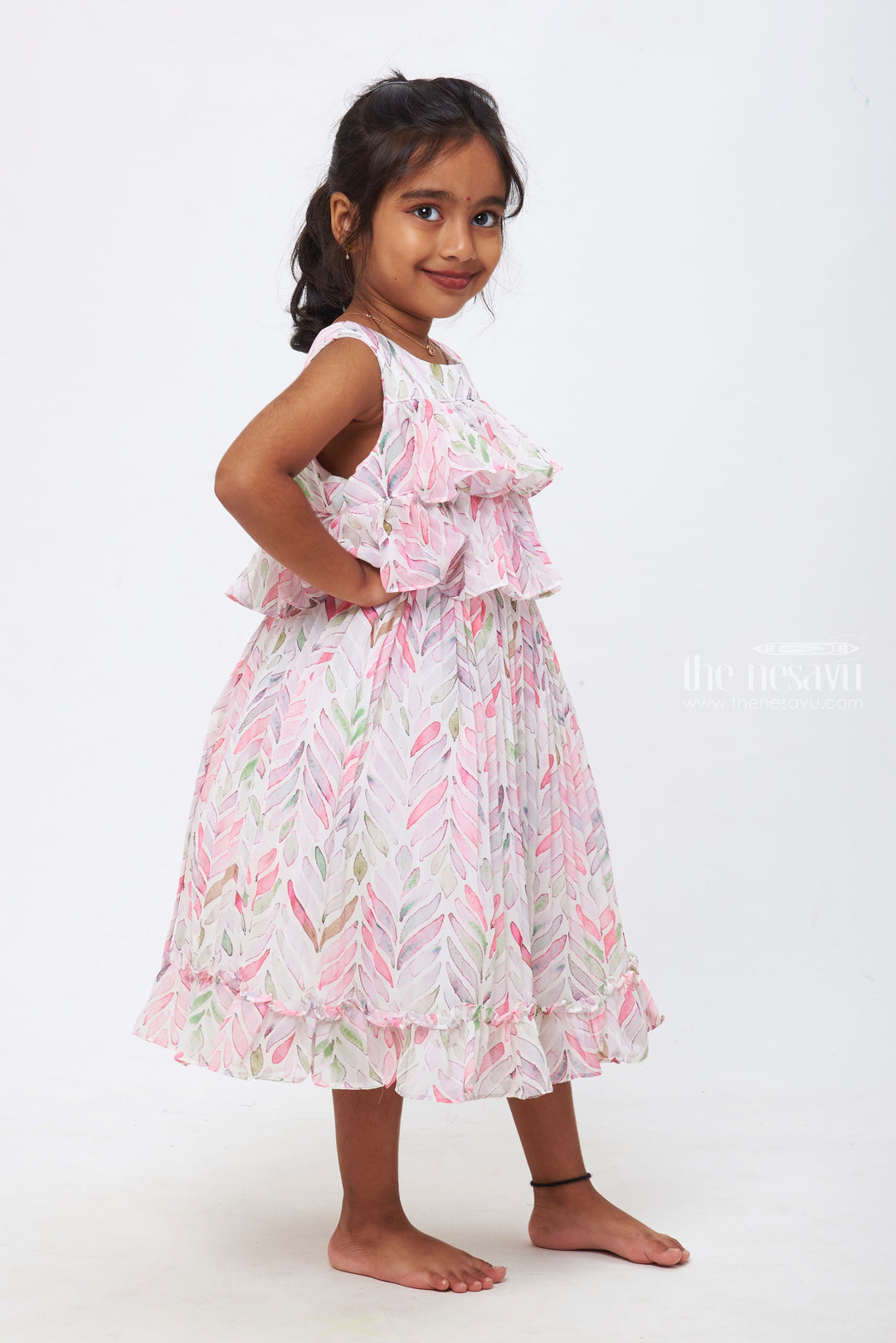 The Nesavu Girls Fancy Frock Pastel Shades with Leafy Patterned Pink Fancy Frocks for Girls Nesavu 16 (1Y) / Pink / Poly Georgette GFC1168B-16 Girls Daily Wear Frocks | Contemporary Cotton Frock Styles for Girls | The Nesavu