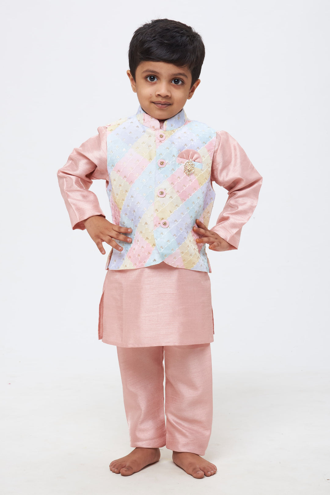 The Nesavu Boys Jacket Sets Pastel Symphony: Boys Pink Kurta Shirt and Pant Set with Multicolored Embroidered Overcoat Nesavu 12 (3M) / Pink / Silk Blend BES424C-12 Classy Combos for Celebratory Moments | Boys Kurta Paired with Overcoat and Pants | The Nesavu