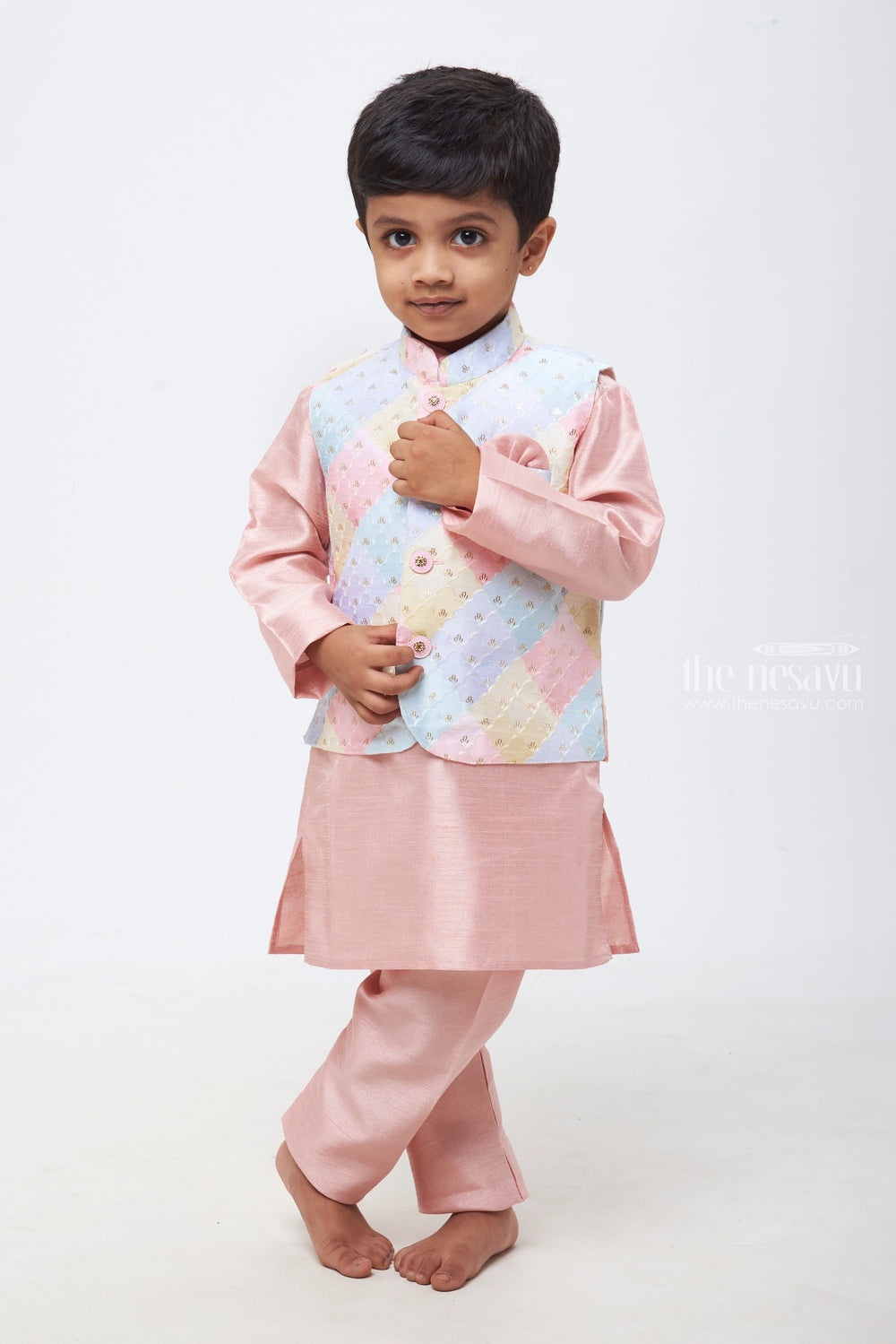 The Nesavu Boys Jacket Sets Pastel Symphony: Boys Pink Kurta Shirt and Pant Set with Multicolored Embroidered Overcoat Nesavu Classy Combos for Celebratory Moments | Boys Kurta Paired with Overcoat and Pants | The Nesavu