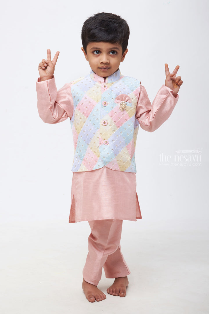 The Nesavu Boys Jacket Sets Pastel Symphony: Boys Pink Kurta Shirt and Pant Set with Multicolored Embroidered Overcoat Nesavu Classy Combos for Celebratory Moments | Boys Kurta Paired with Overcoat and Pants | The Nesavu