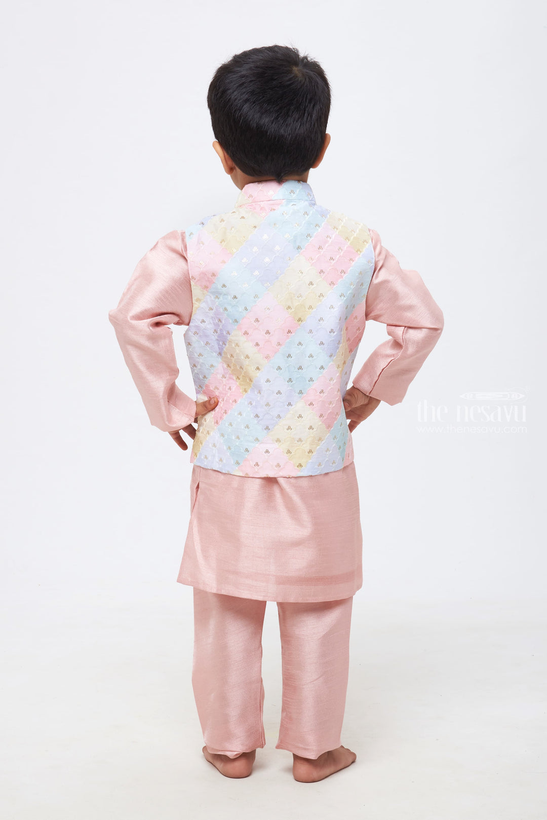 The Nesavu Boys Jacket Sets Pastel Symphony: Boys Pink Kurta Shirt and Pant Set with Multicolored Embroidered Overcoat Nesavu Classy Combos for Celebratory Moments | Boys Kurta Paired with Overcoat and Pants | The Nesavu