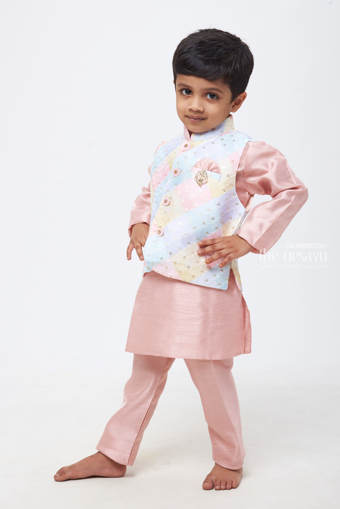 The Nesavu Boys Jacket Sets Pastel Symphony: Boys Pink Kurta Shirt and Pant Set with Multicolored Embroidered Overcoat Nesavu Classy Combos for Celebratory Moments | Boys Kurta Paired with Overcoat and Pants | The Nesavu