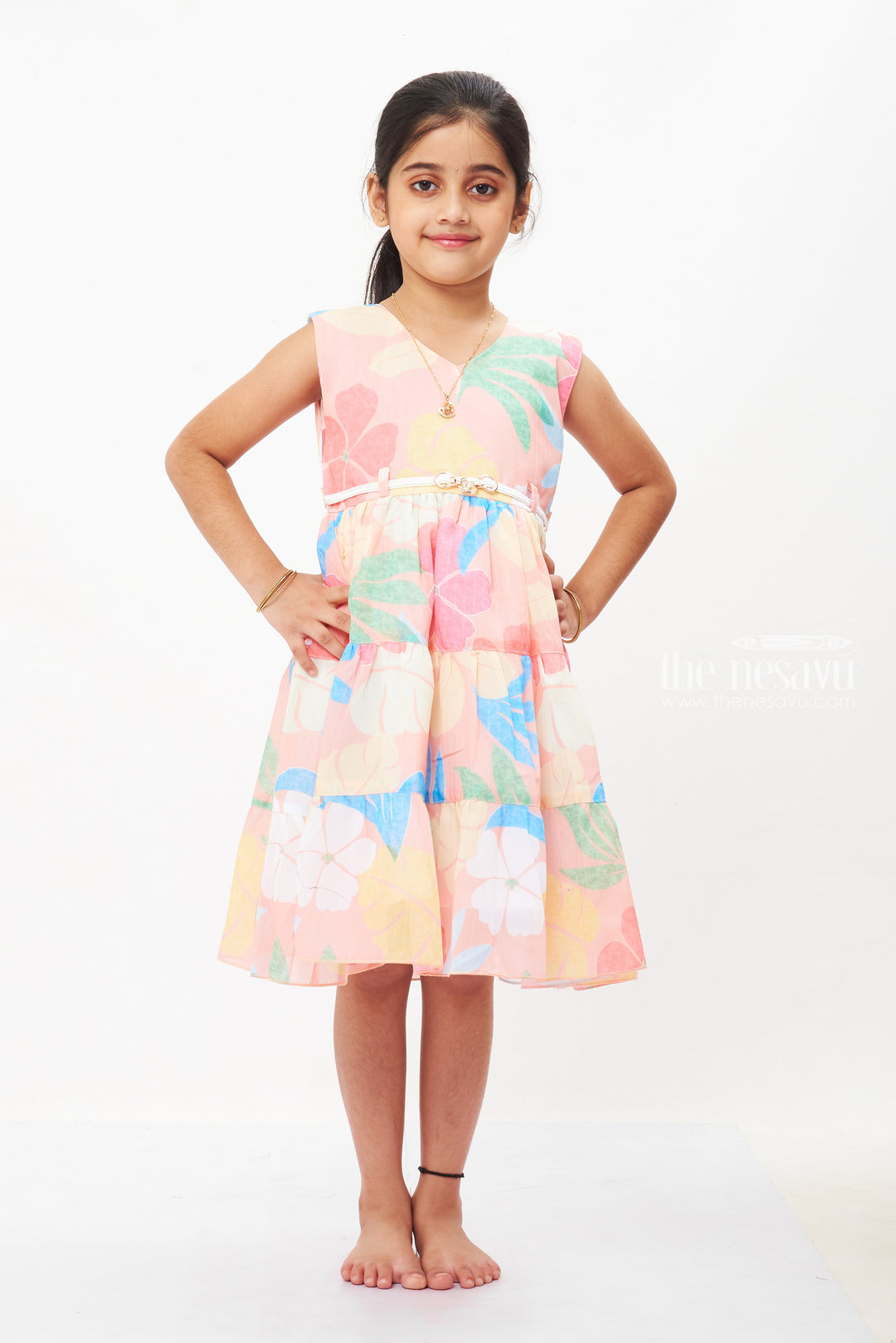 The Nesavu Girls Fancy Frock Pastel Watercolor Floral Girls Dress with Cinched Waist - Perfect for Sunny Days Nesavu 20 (3Y) / Salmon / Georgette GFC1283B-20 Pastel Floral Dresses for Girls | Light & Airy Summer Styles | The Nesavu