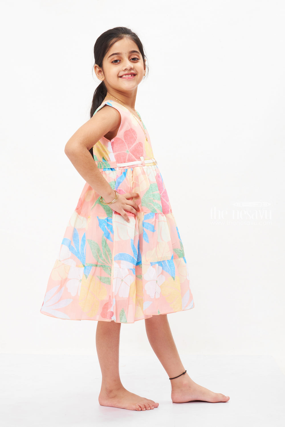 The Nesavu Girls Fancy Frock Pastel Watercolor Floral Girls Dress with Cinched Waist - Perfect for Sunny Days Nesavu Pastel Floral Dresses for Girls | Light & Airy Summer Styles | The Nesavu