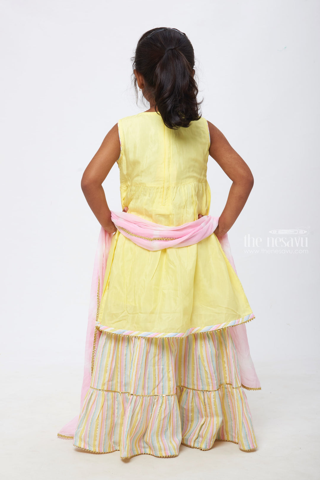 The Nesavu Girls Lehenga Choli Pastel Yellow Kurti with Multi-Colored Striped Lehenga and Soft Pink Dupatta Set for Girls Nesavu Youthful Festive Wear for Girls | Lehenga Choli Designer Set | The Nesavu