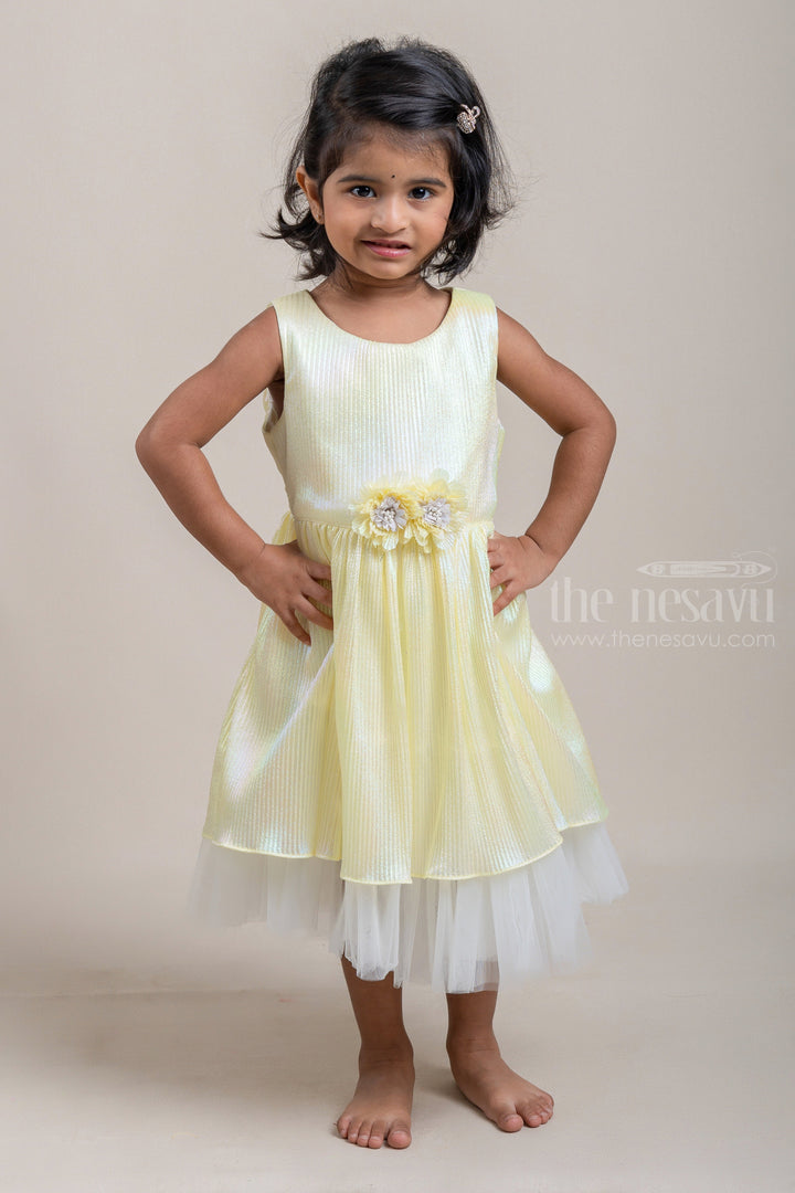 The Nesavu Party Frock Pastel Yellow Pleated Fancy Pearl Print Party Frock for Babies psr silks Nesavu 16 (1Y) / Yellow / Satin PF122C