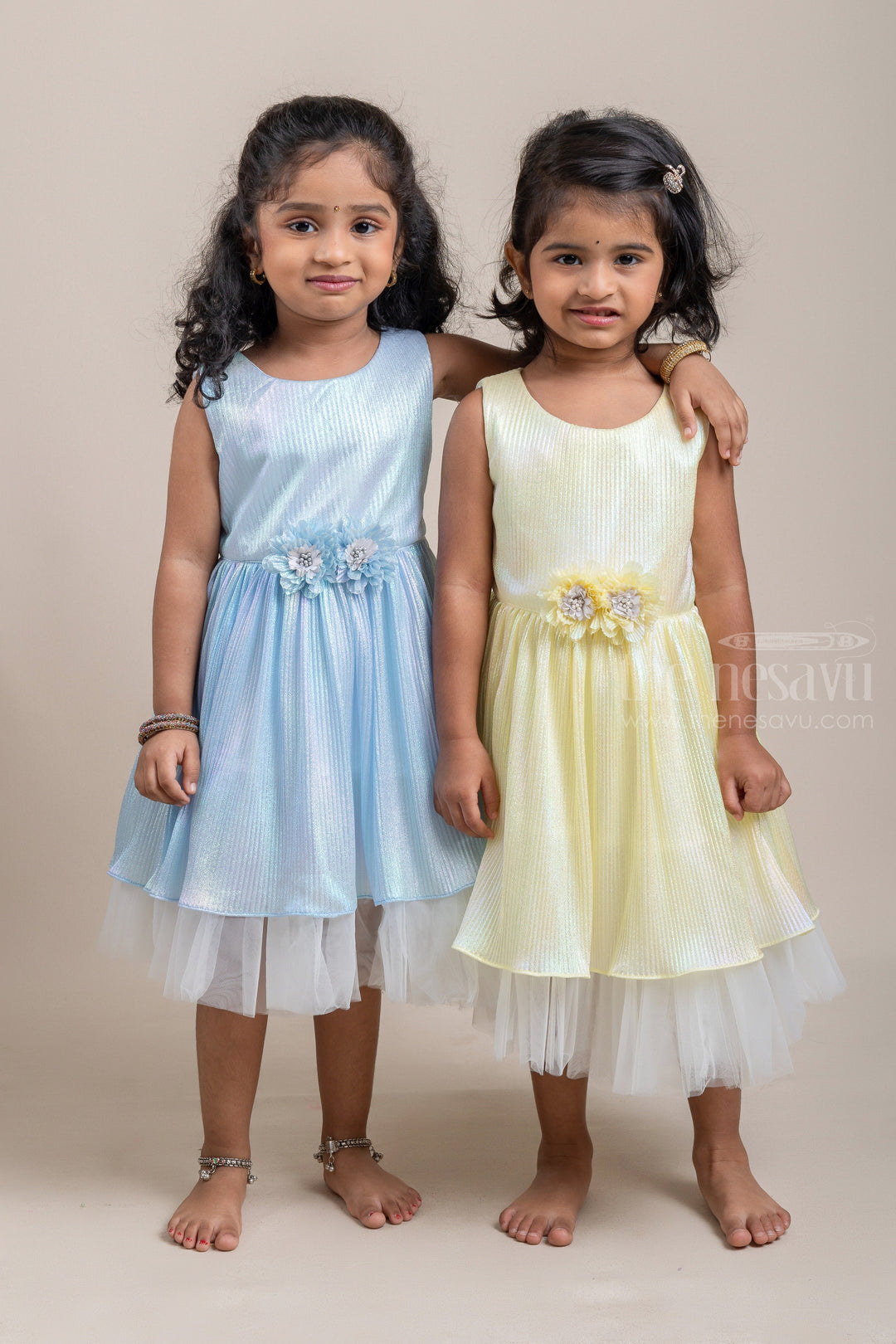 The Nesavu Party Frock Pastel Yellow Pleated Fancy Pearl Print Party Frock for Babies psr silks Nesavu