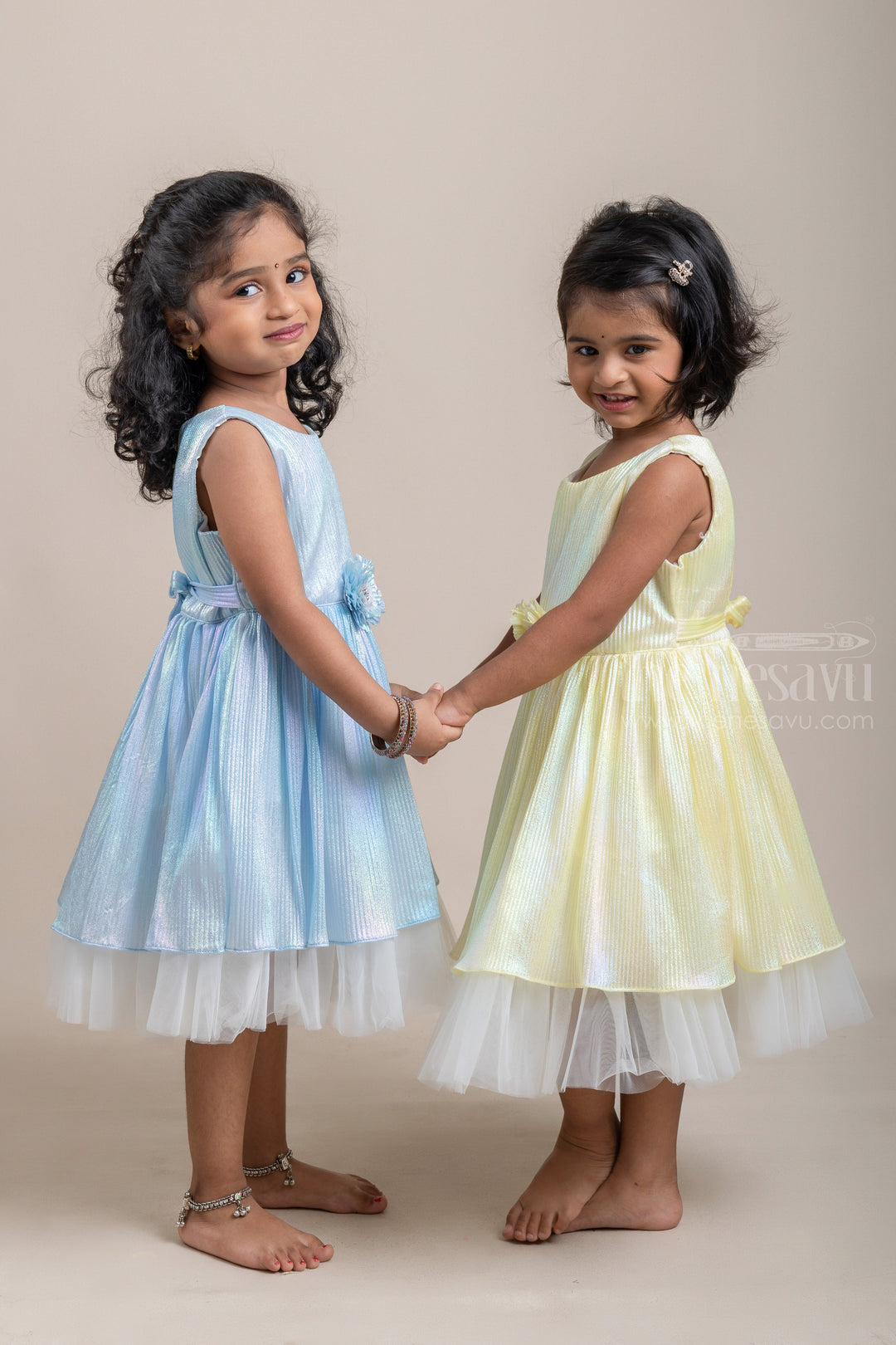 The Nesavu Party Frock Pastel Yellow Pleated Fancy Pearl Print Party Frock for Babies psr silks Nesavu